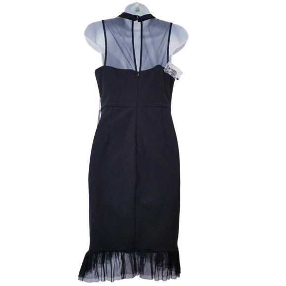 BEBE Black Ruched Illusion Neckline Ruffle Cocktail Dress Sleeveless Mock Neck - Picture 2 of 12
